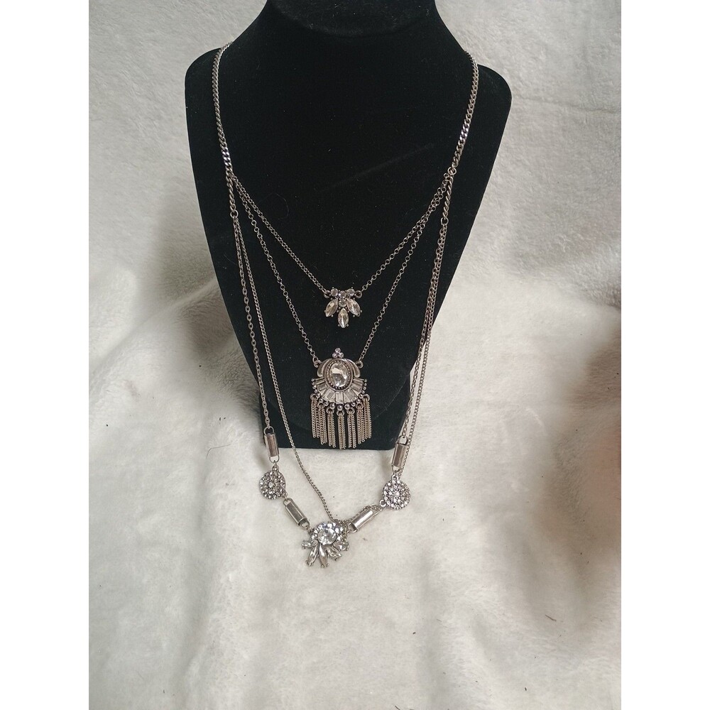 Bohemian Silver Layered Necklace Floral Crystal Rhinestone Fringe Statement Bib